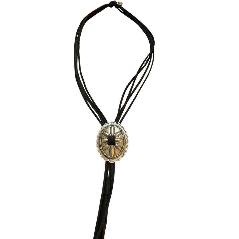 Western Silver Concho Bolo Tie Multi Strand Black Cord Cross Charm Necklace